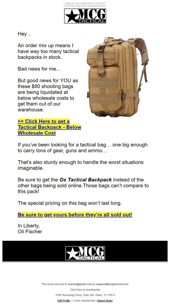 Screenshot of the email generated on import