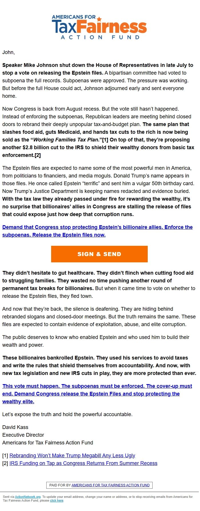 Screenshot of the email generated on import