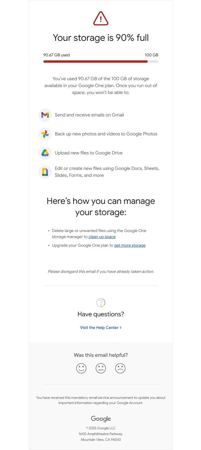 Screenshot of the email generated on import