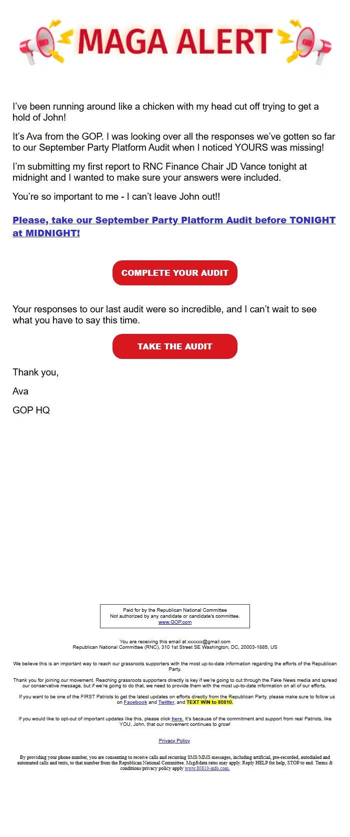 Screenshot of the email generated on import