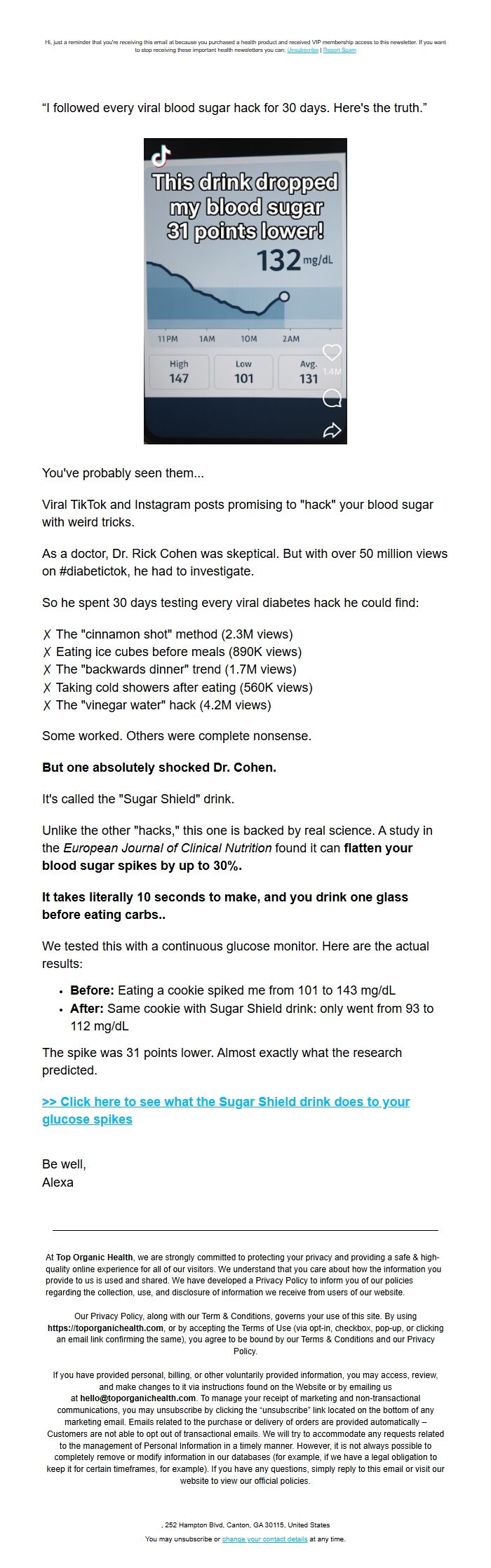 Screenshot of the email generated on import