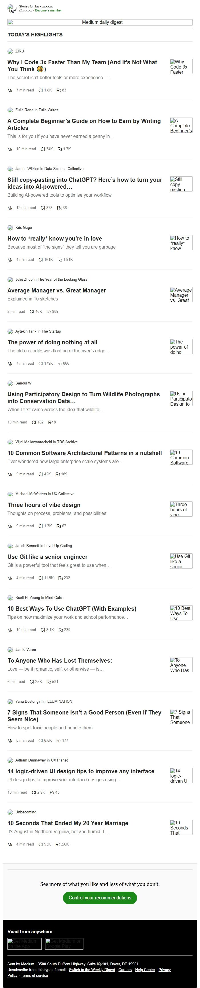 Screenshot of the email generated on import