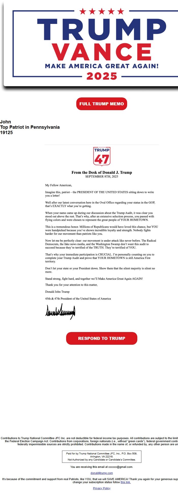 Screenshot of the email generated on import