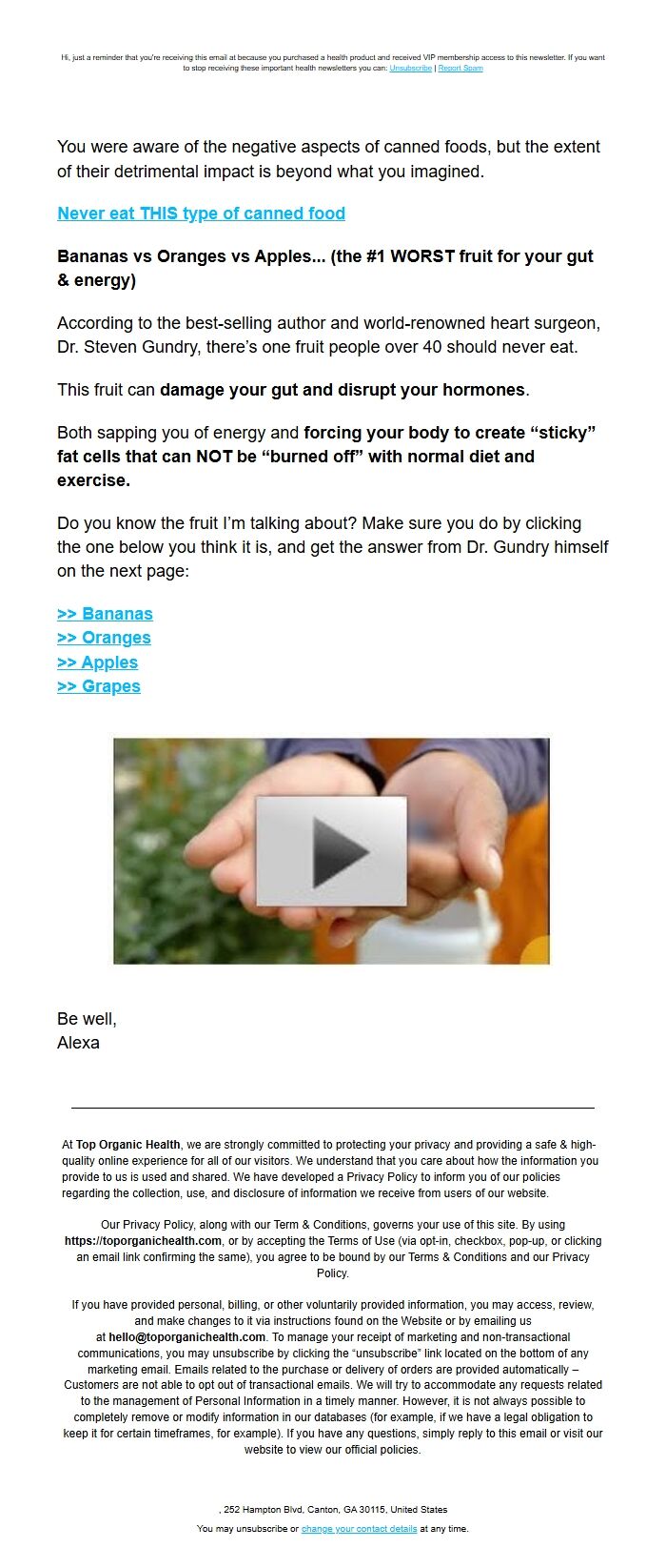 Screenshot of the email generated on import