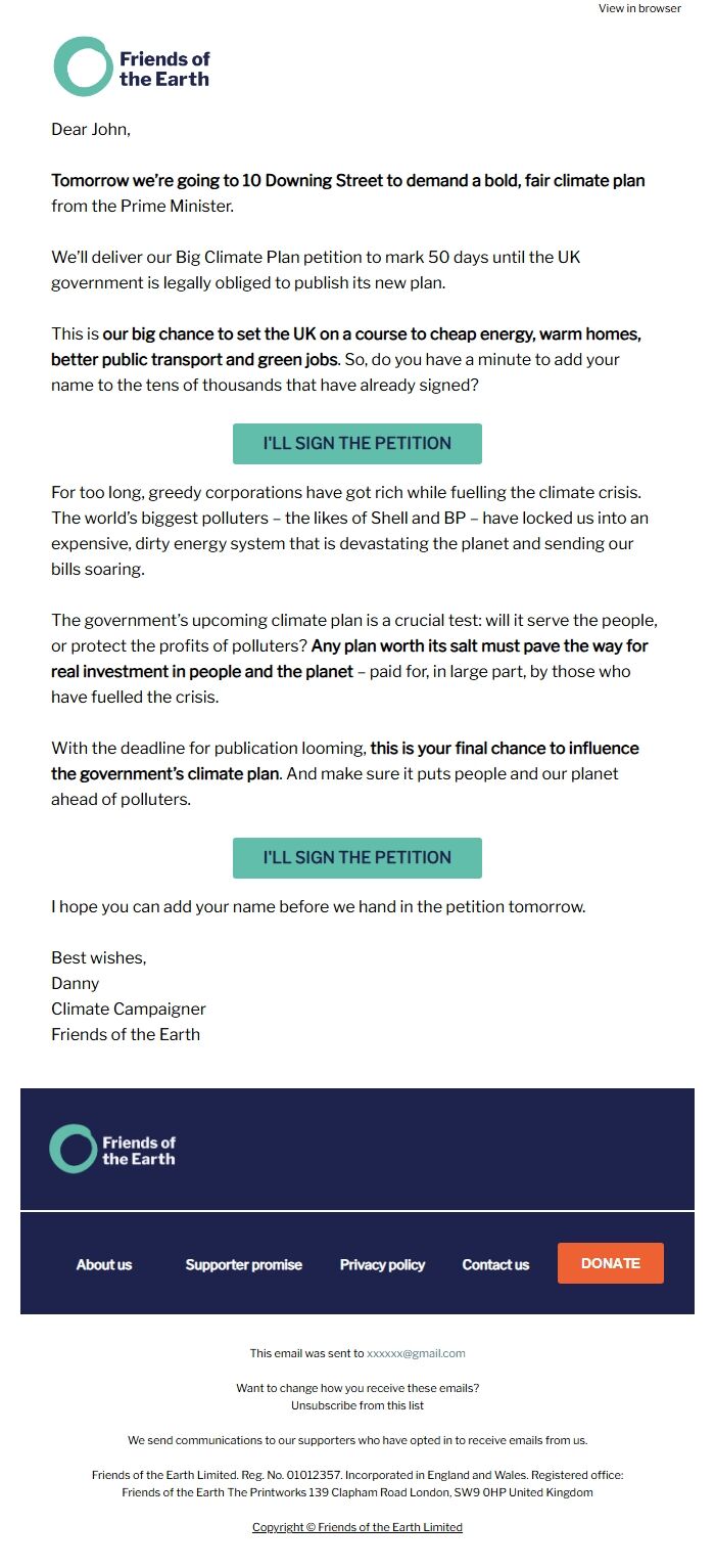 Screenshot of the email generated on import