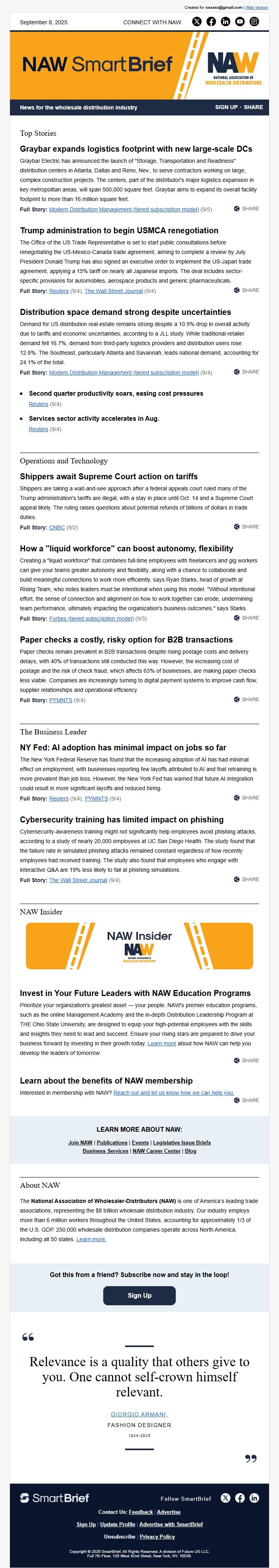 Screenshot of the email generated on import