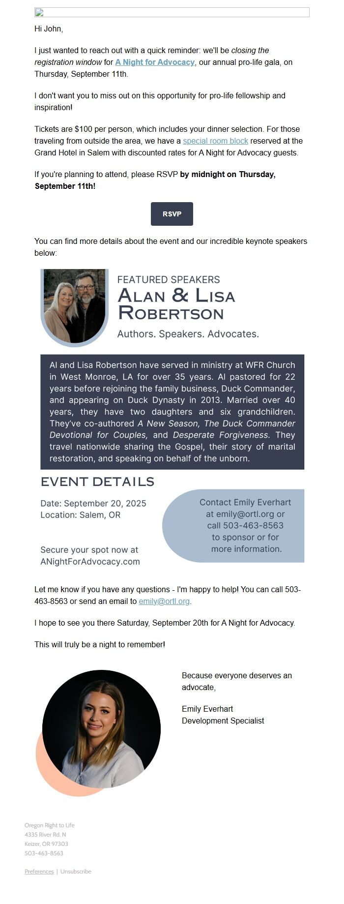 Screenshot of the email generated on import