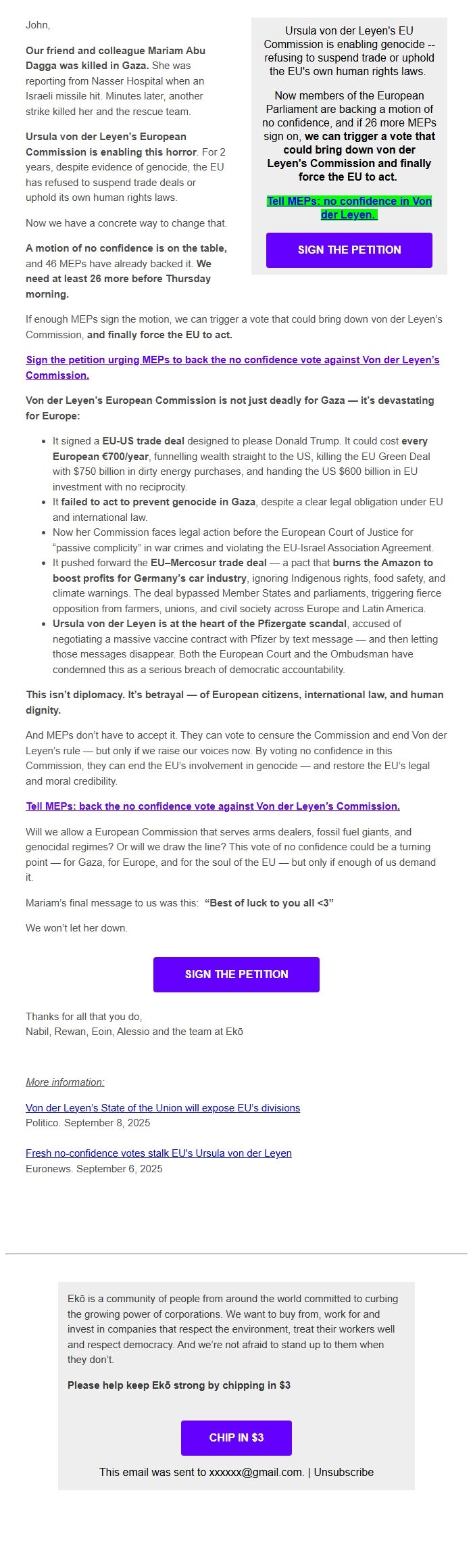 Screenshot of the email generated on import