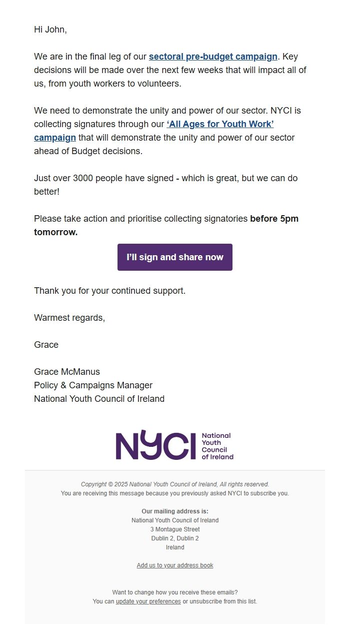 Screenshot of the email generated on import