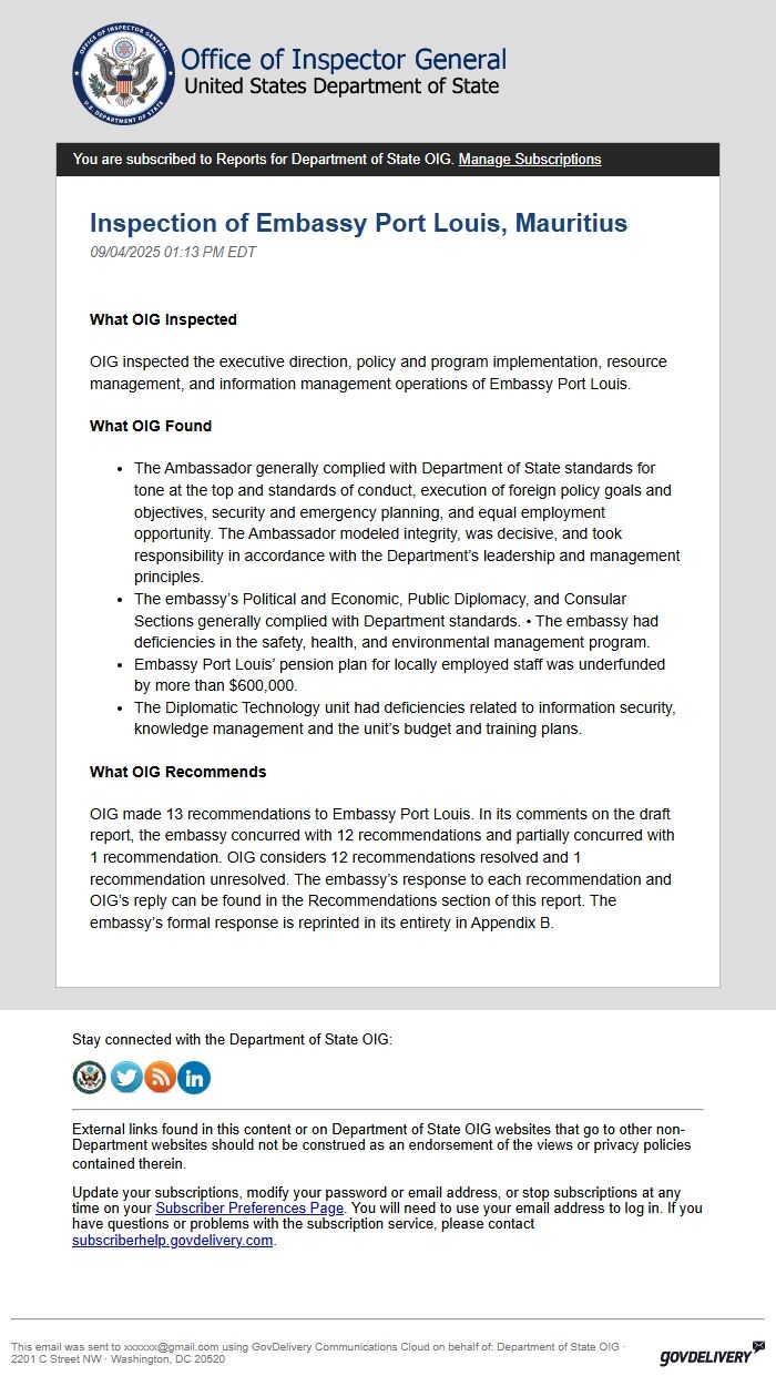 Screenshot of the email generated on import