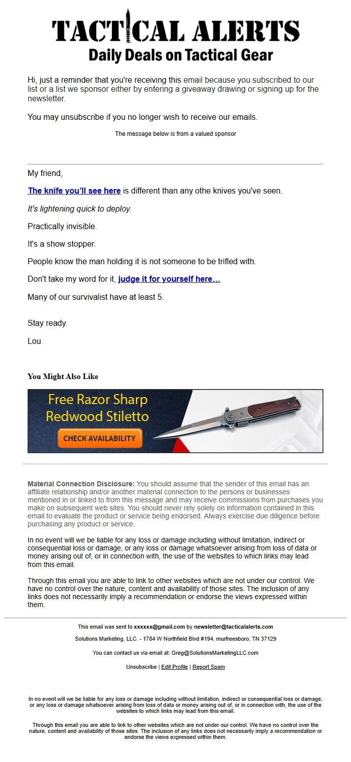 Screenshot of the email generated on import