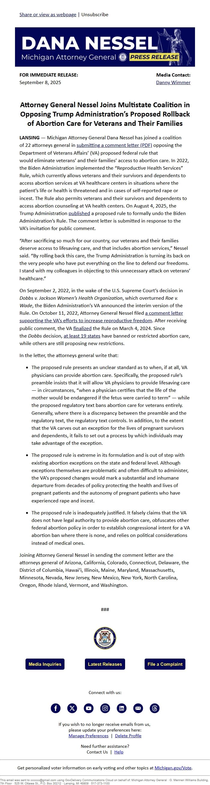Screenshot of the email generated on import