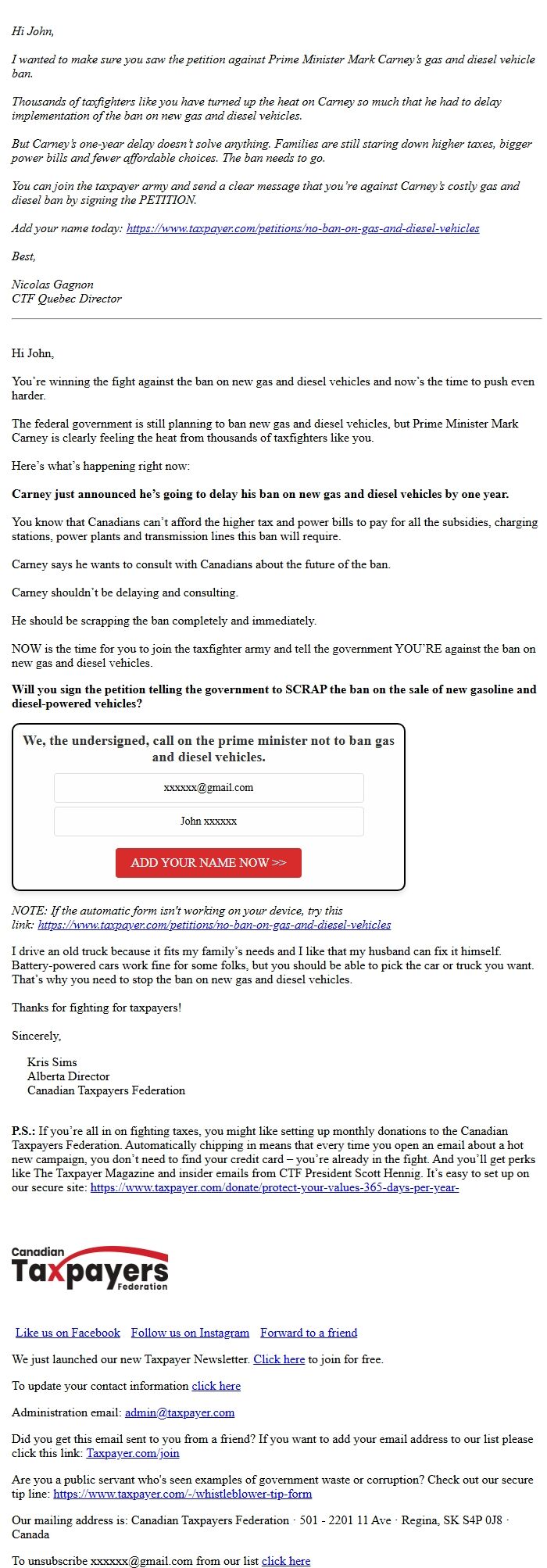 Screenshot of the email generated on import