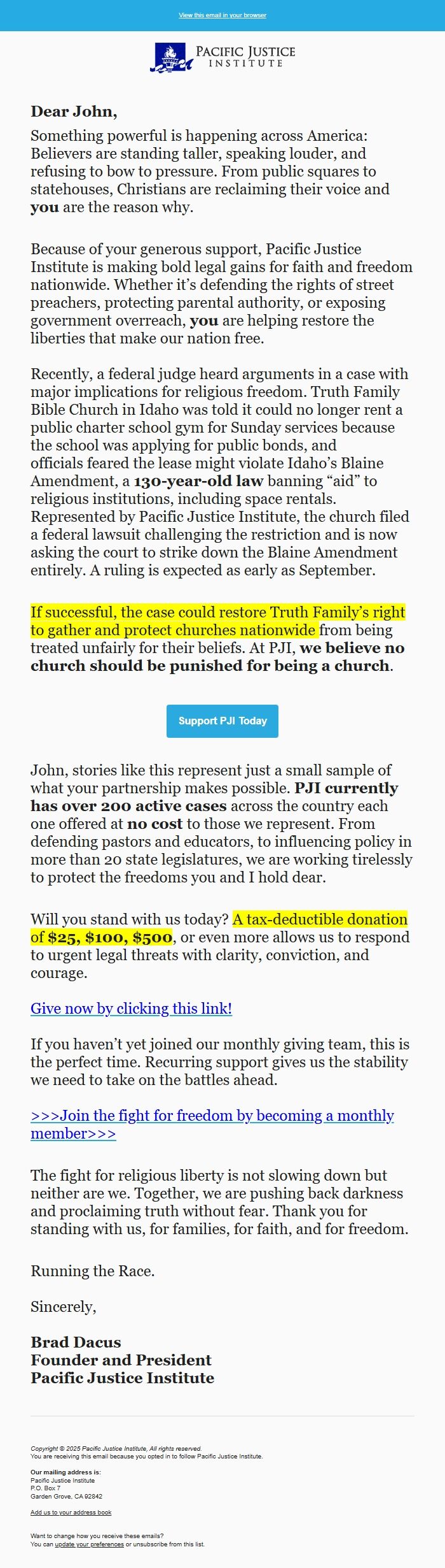 Screenshot of the email generated on import