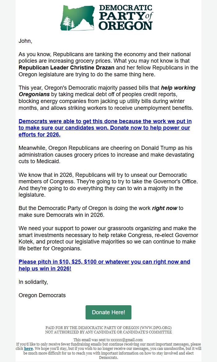 Screenshot of the email generated on import