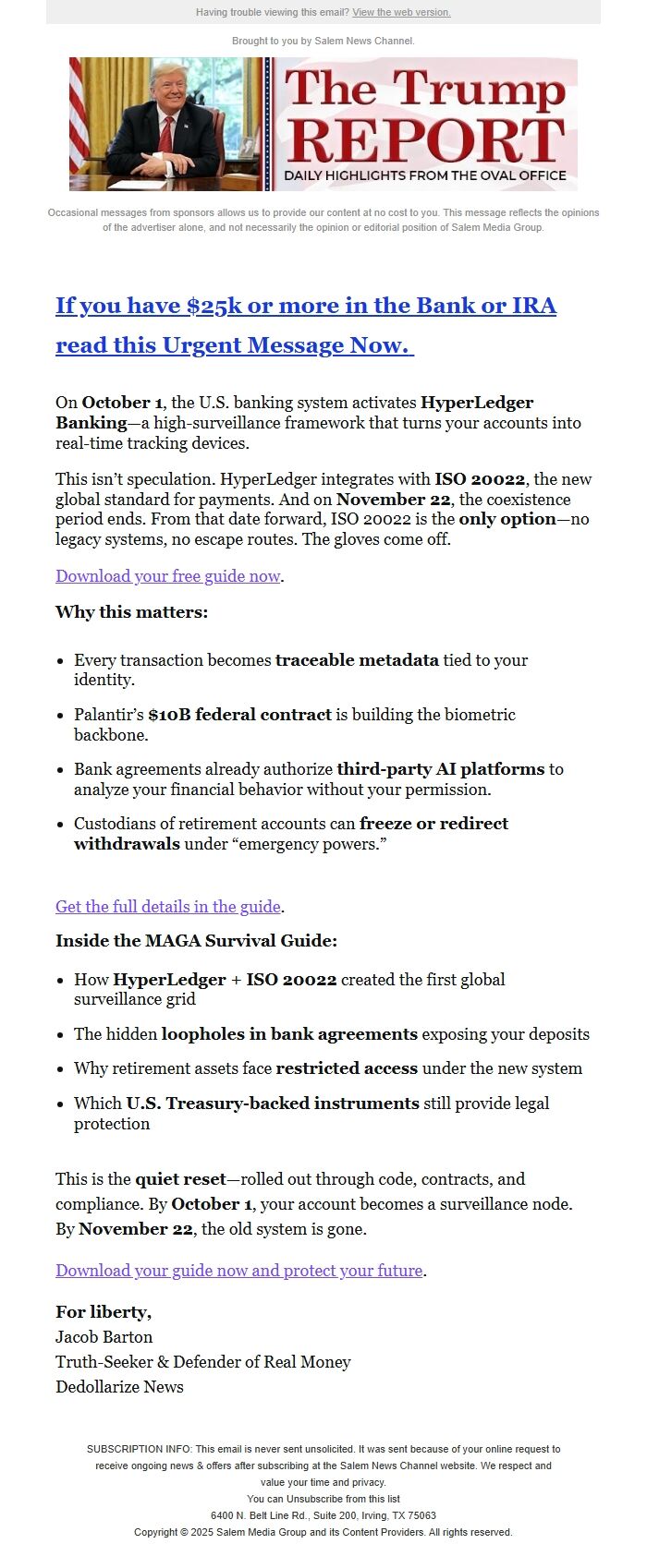 Screenshot of the email generated on import