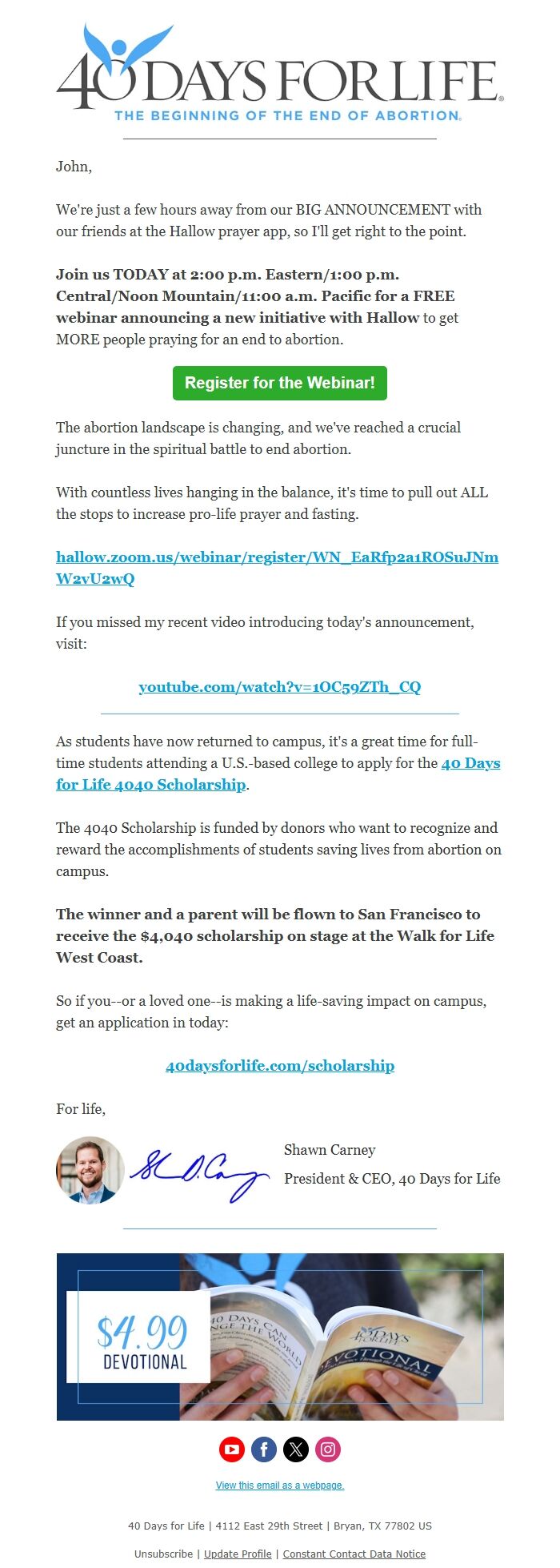 Screenshot of the email generated on import