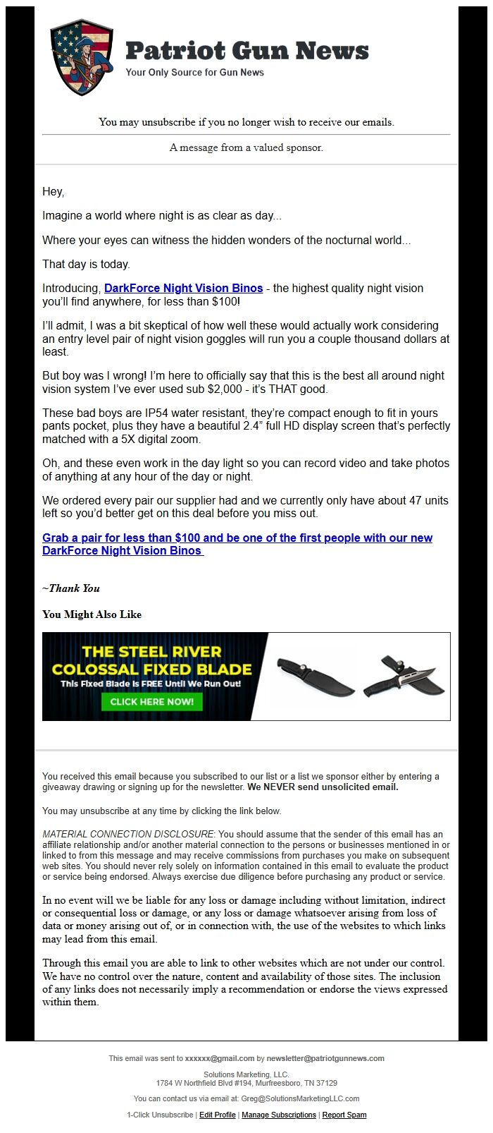 Screenshot of the email generated on import
