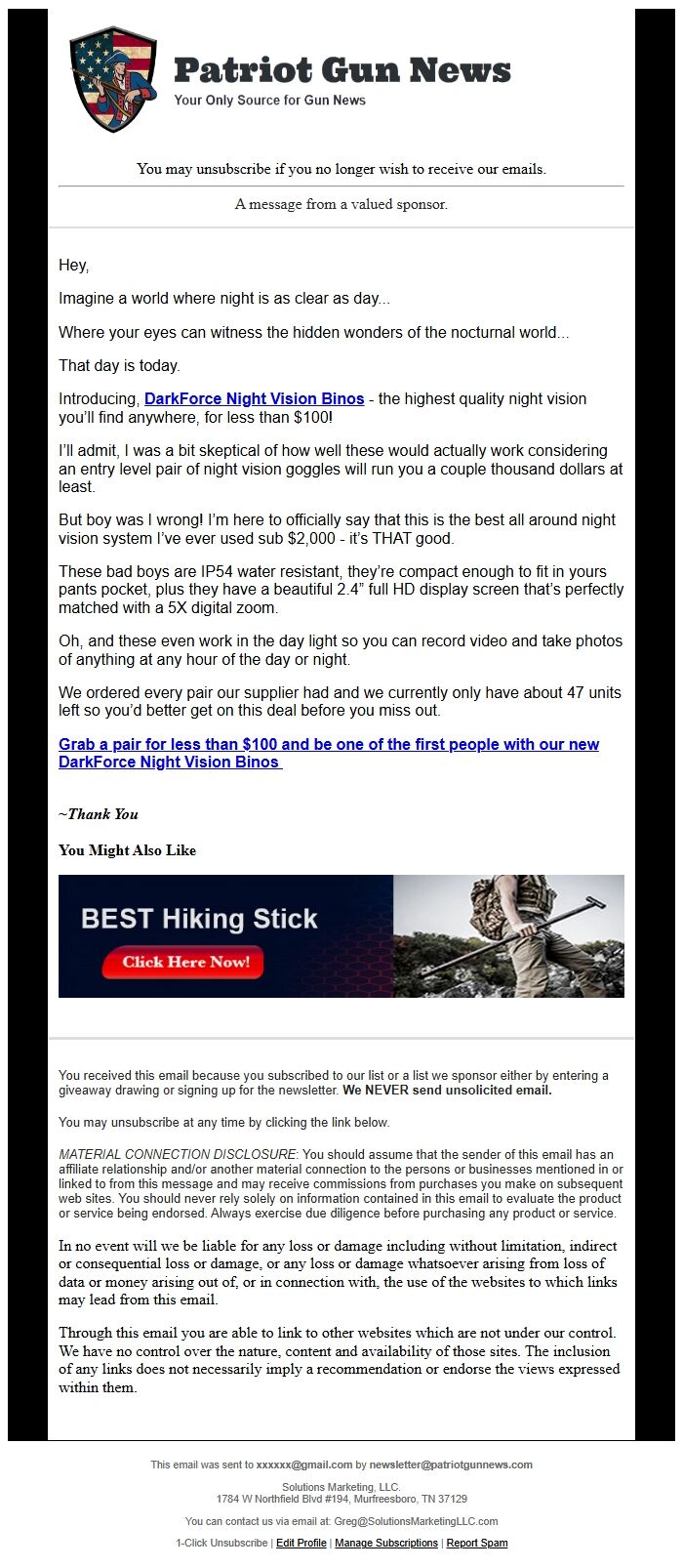 Screenshot of the email generated on import