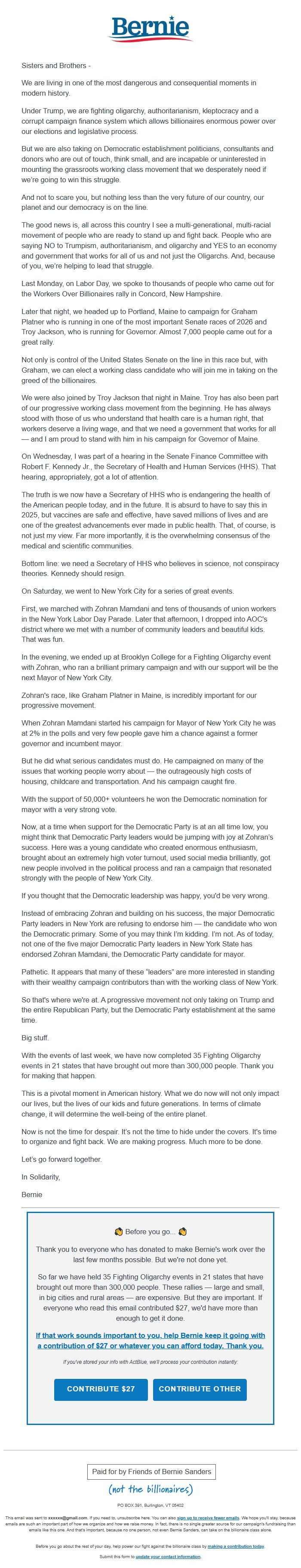Screenshot of the email generated on import