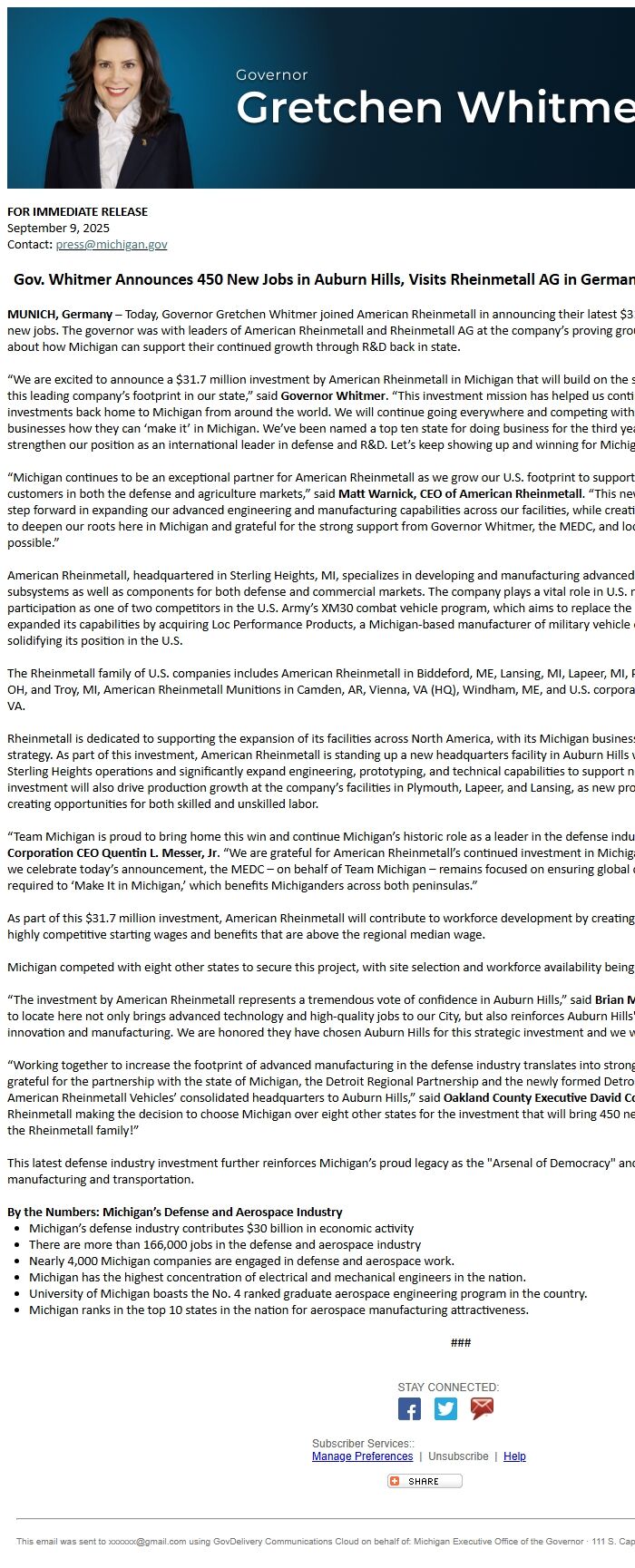 Screenshot of the email generated on import