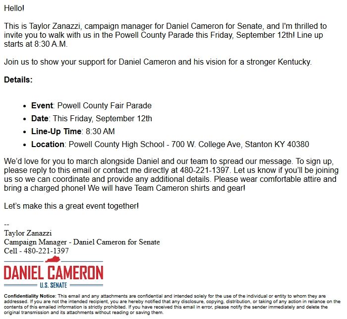 Screenshot of the email generated on import