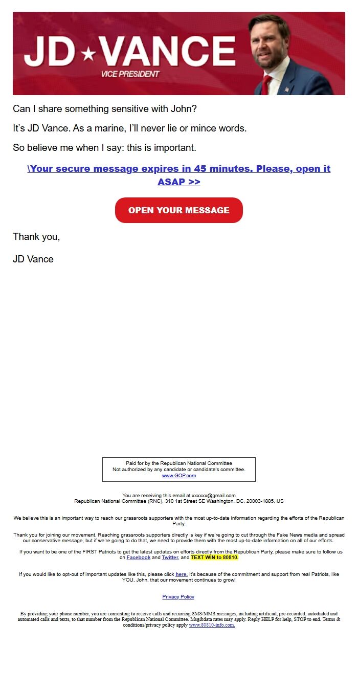 Screenshot of the email generated on import