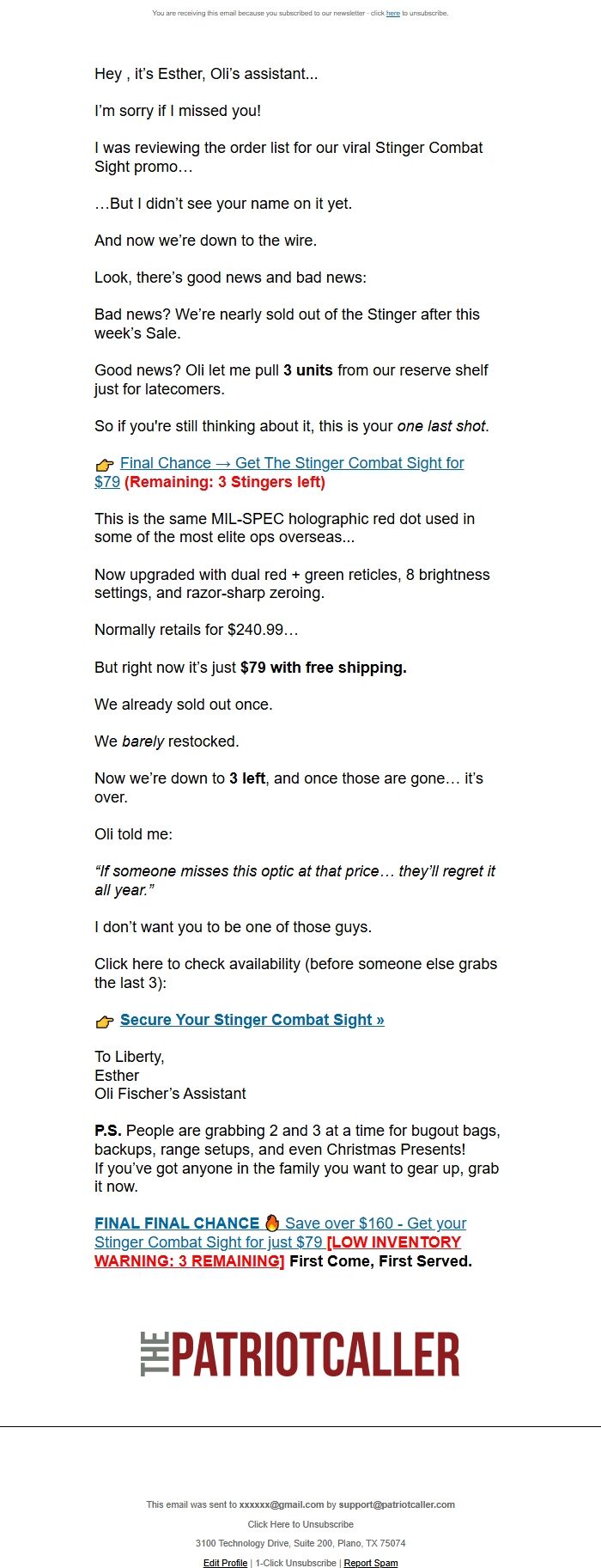 Screenshot of the email generated on import