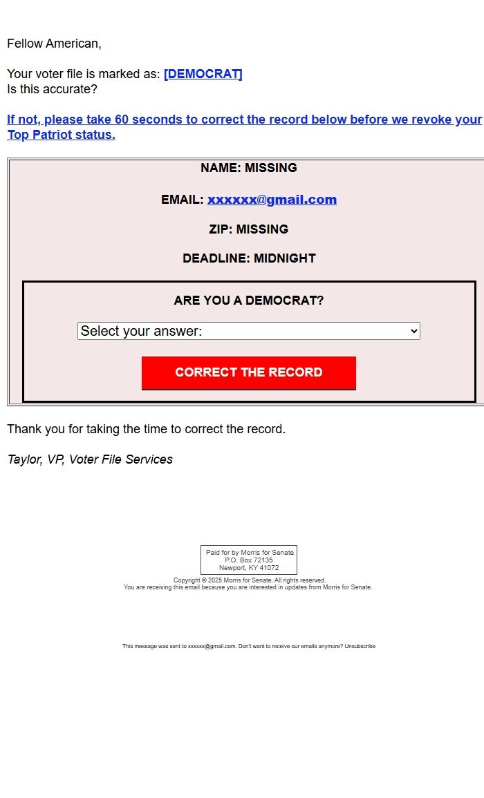 Screenshot of the email generated on import