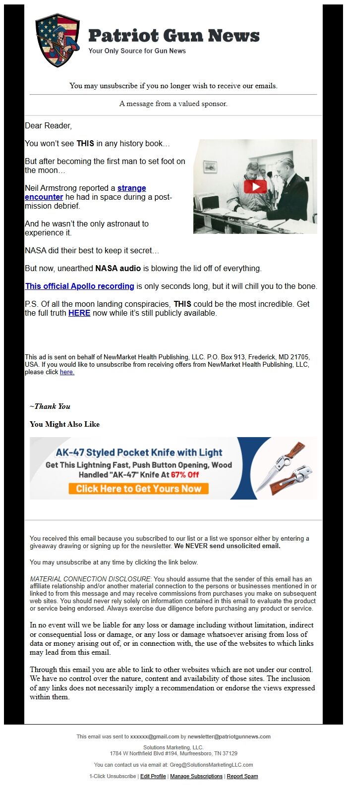 Screenshot of the email generated on import