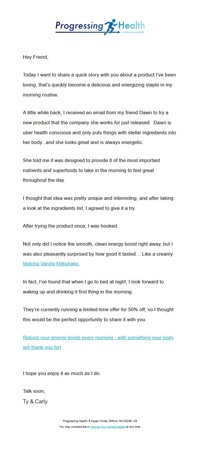 Screenshot of the email generated on import