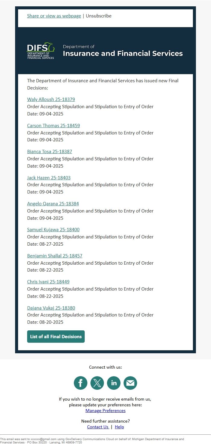 Screenshot of the email generated on import