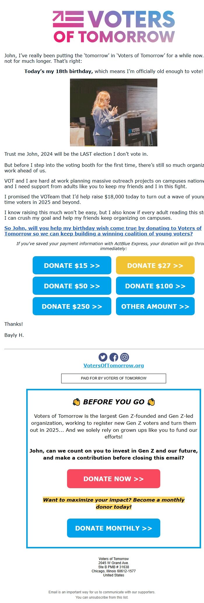 Screenshot of the email generated on import