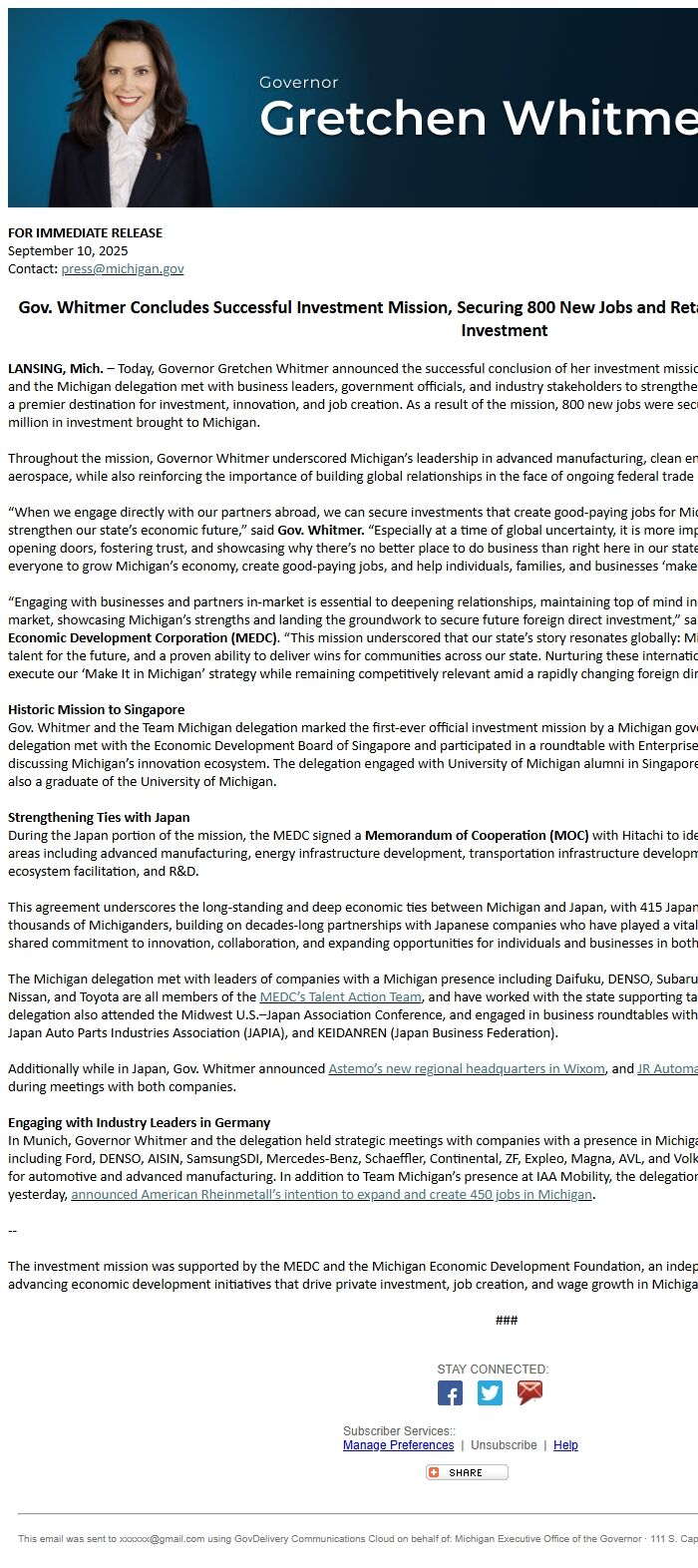 Screenshot of the email generated on import