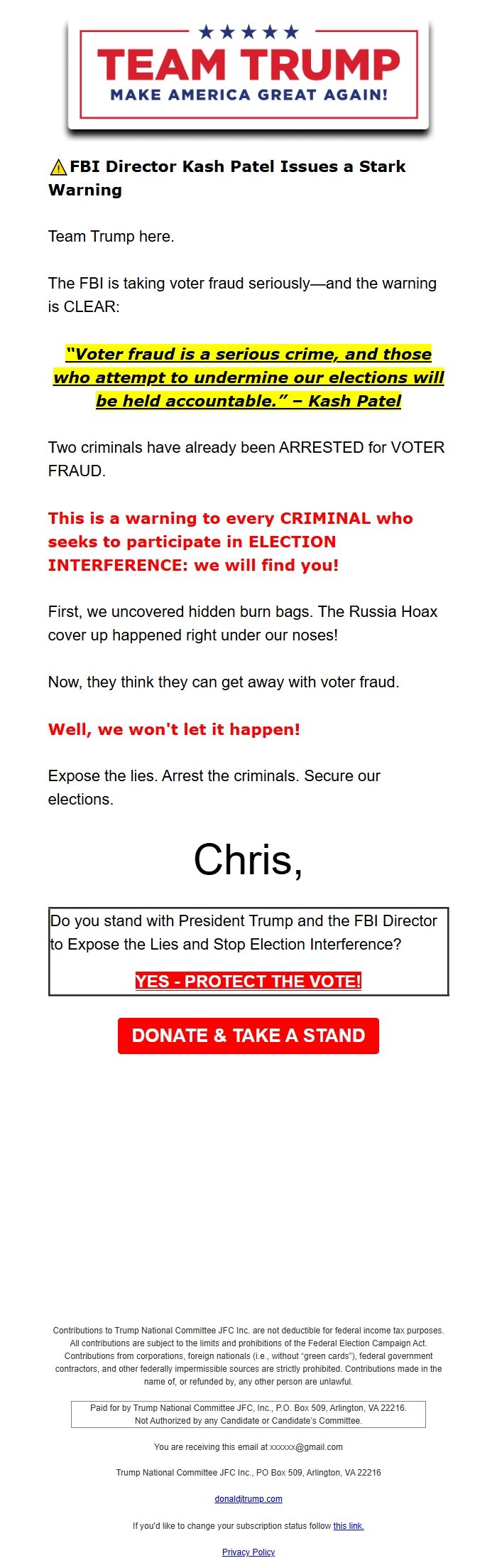 Screenshot of the email generated on import