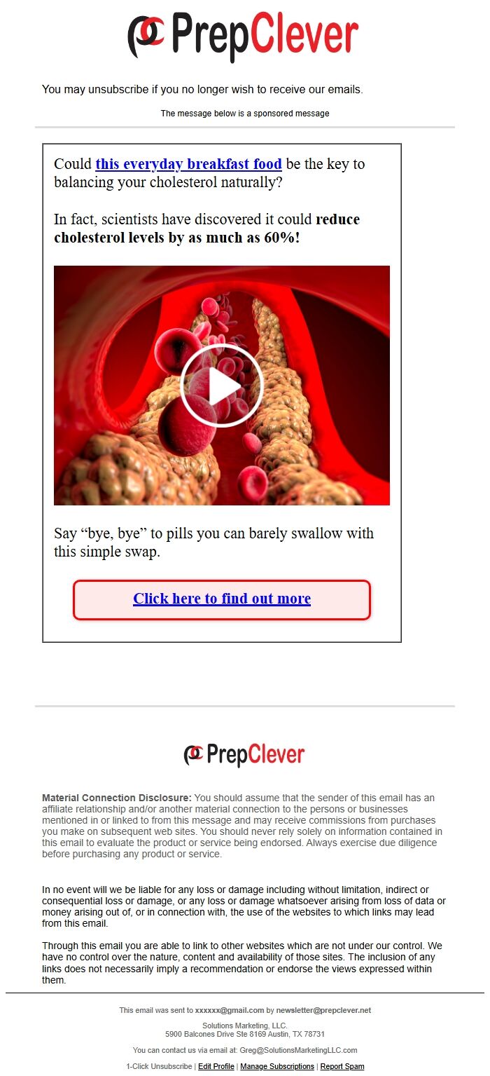 Screenshot of the email generated on import