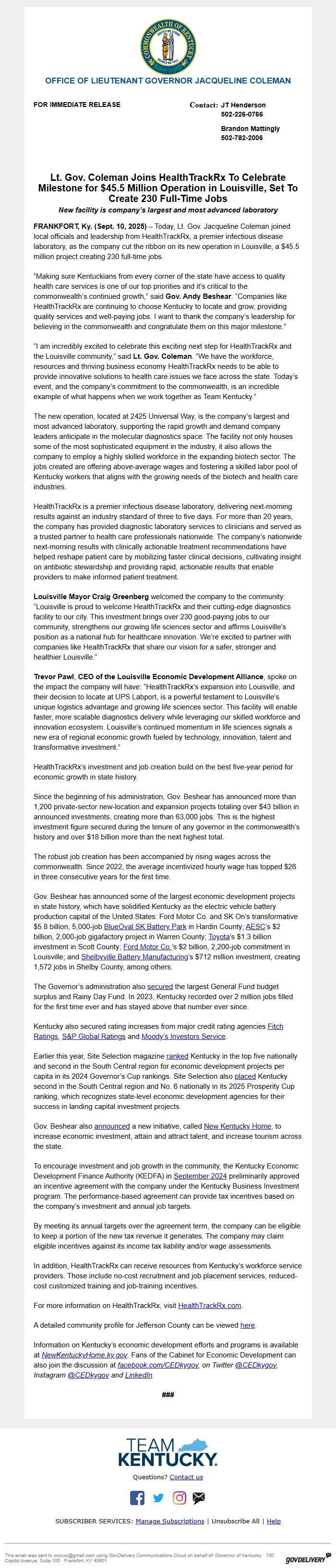 Screenshot of the email generated on import