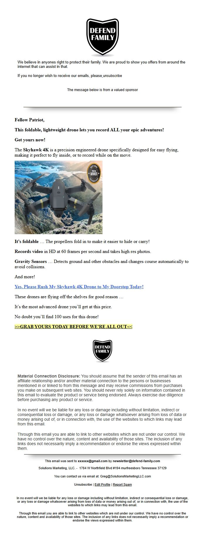 Screenshot of the email generated on import