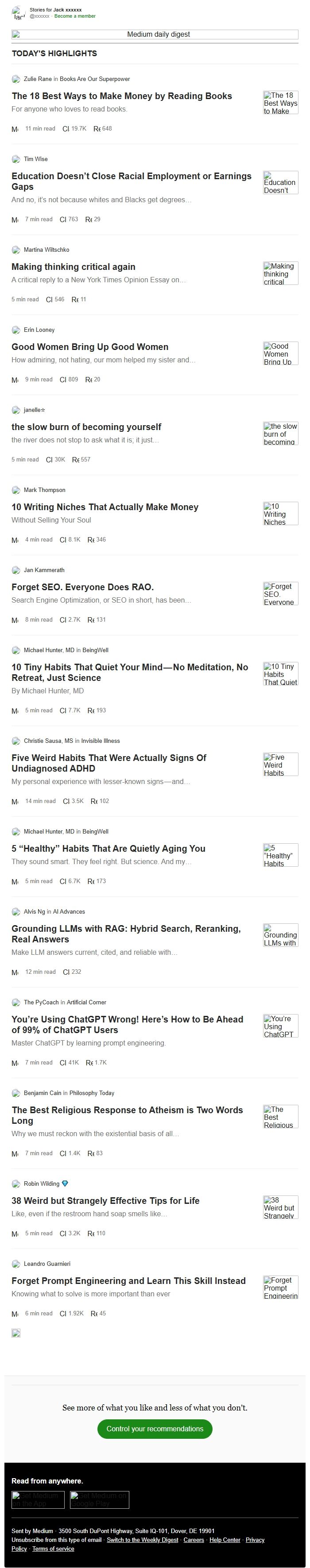 Screenshot of the email generated on import
