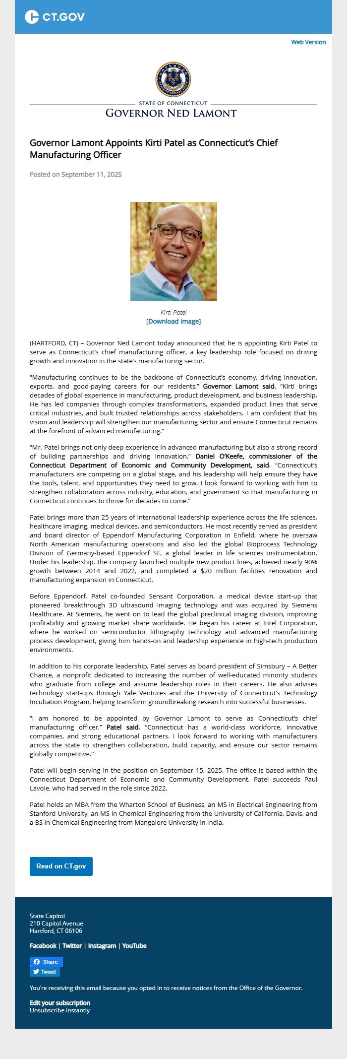 Screenshot of the email generated on import