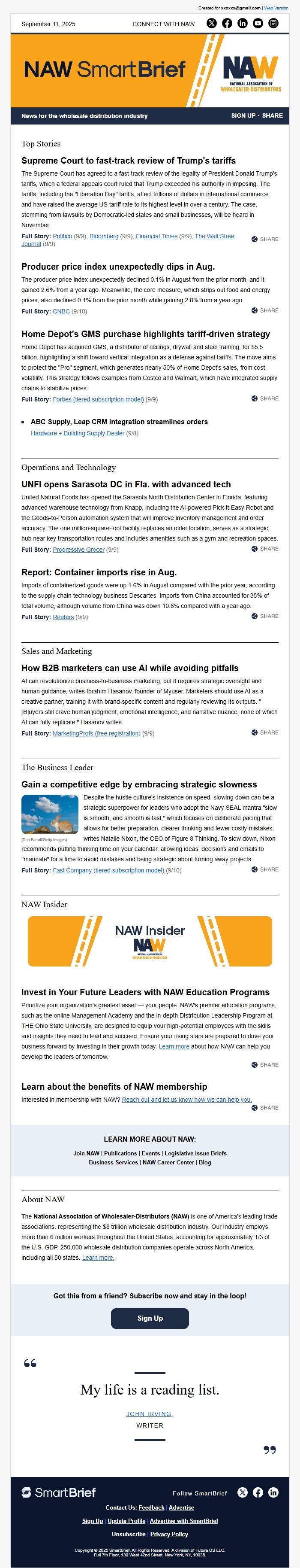 Screenshot of the email generated on import