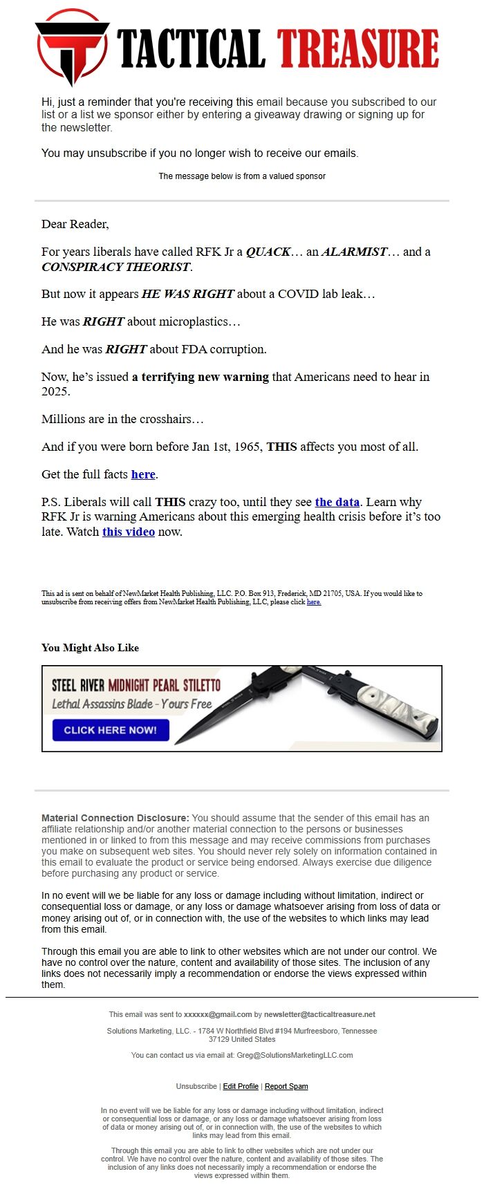 Screenshot of the email generated on import