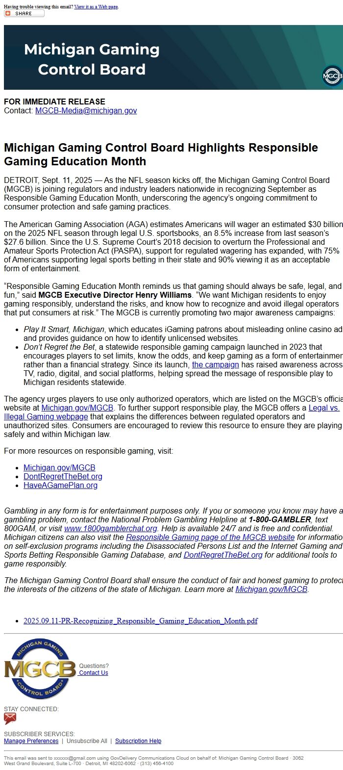 Screenshot of the email generated on import