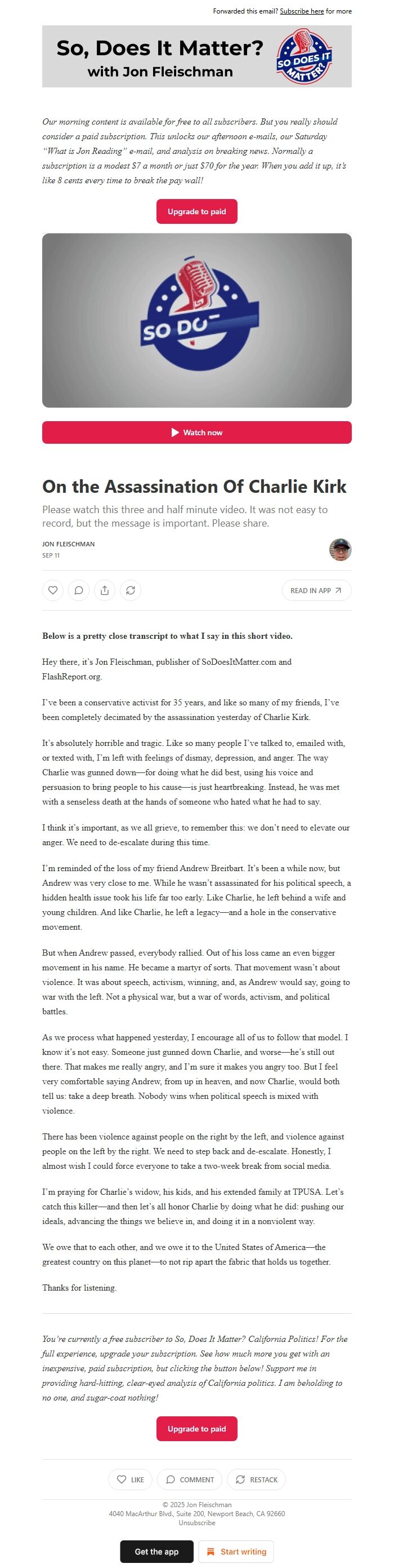 Screenshot of the email generated on import