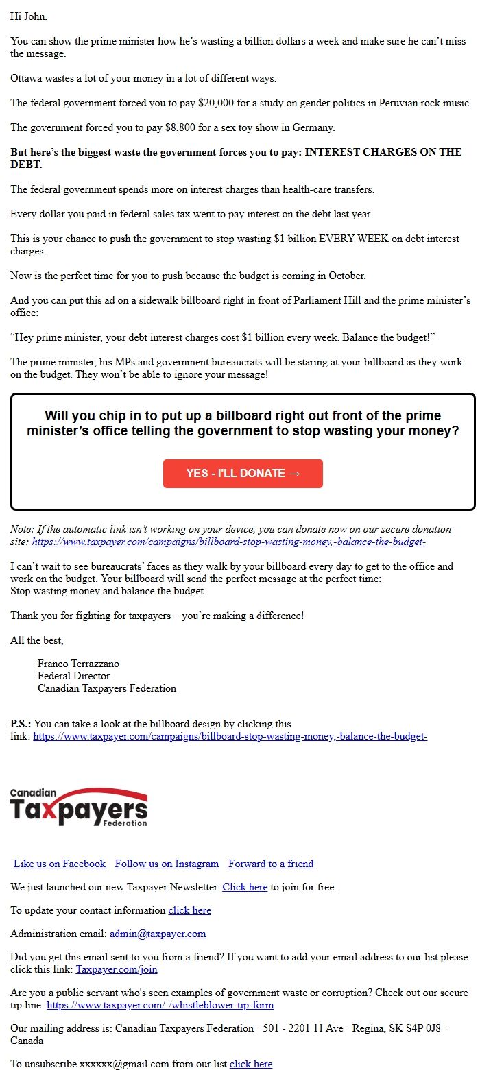 Screenshot of the email generated on import