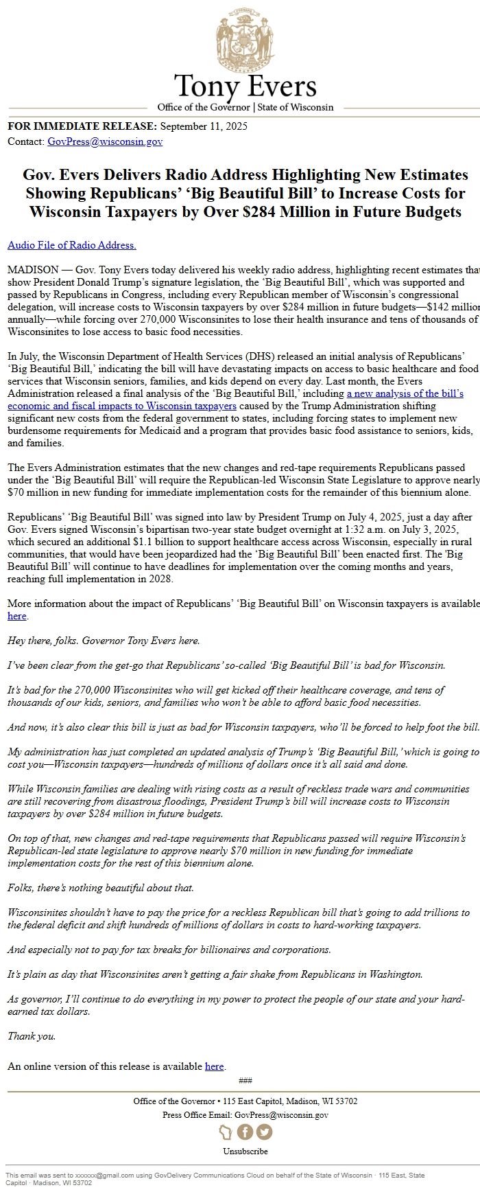 Screenshot of the email generated on import
