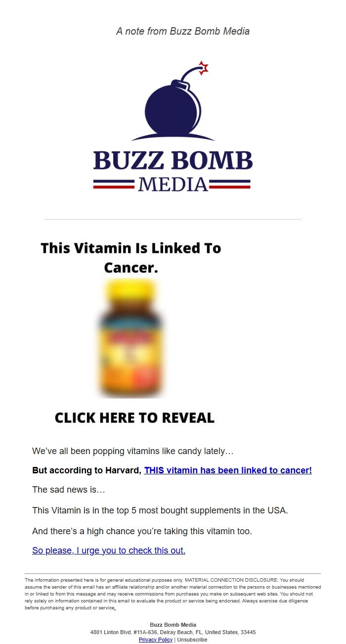 Screenshot of the email generated on import