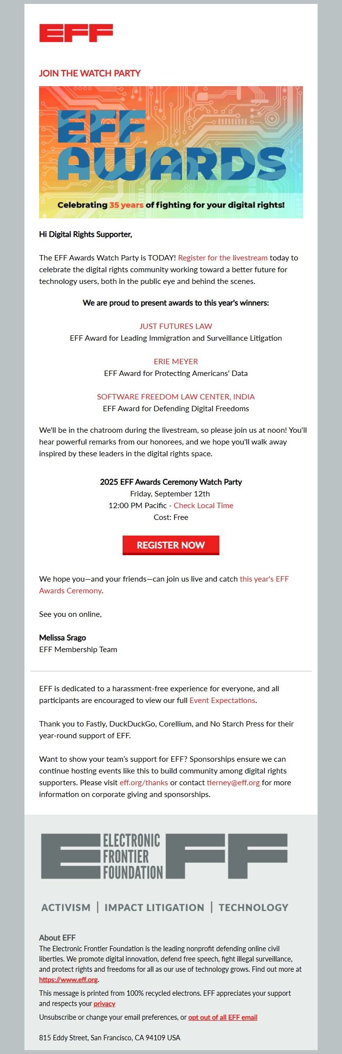 Screenshot of the email generated on import