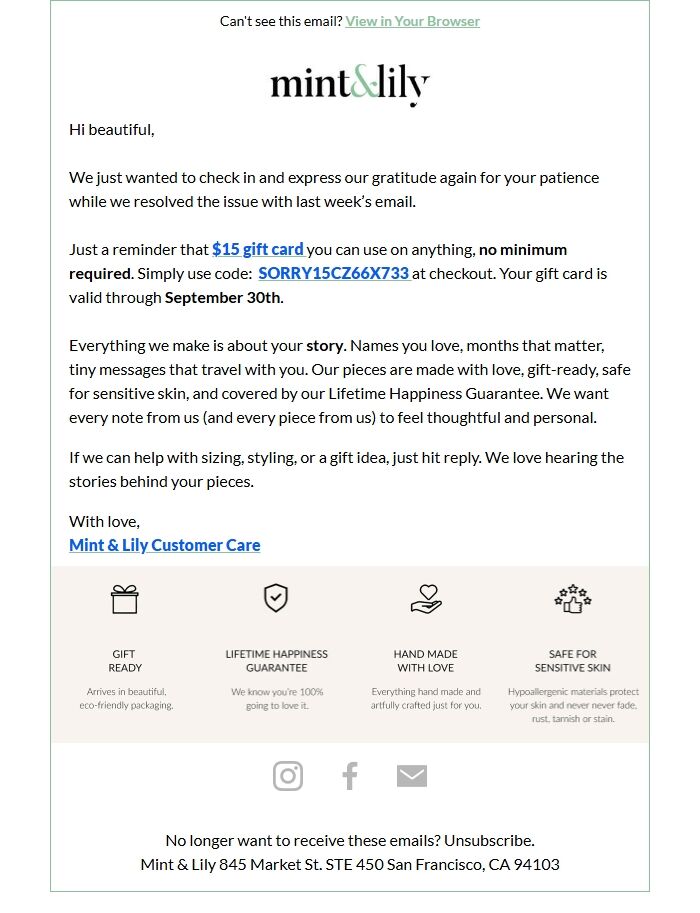 Screenshot of the email generated on import