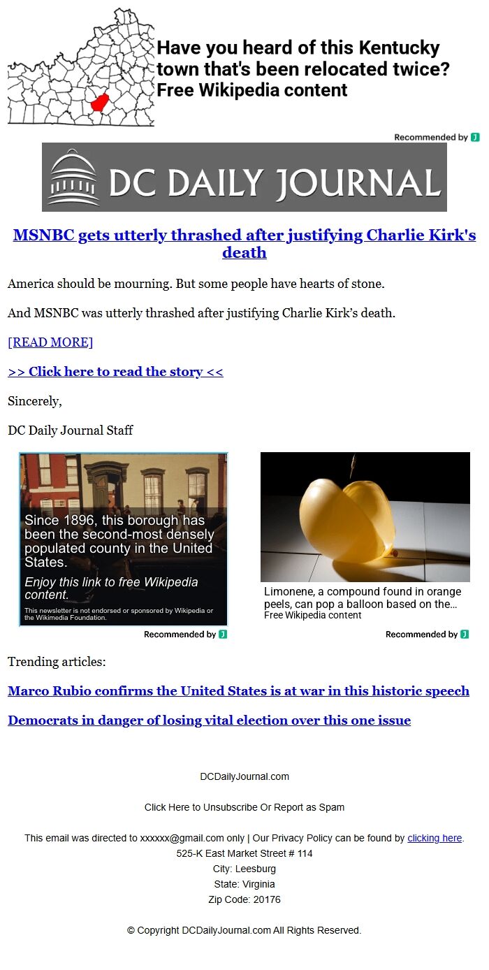Screenshot of the email generated on import